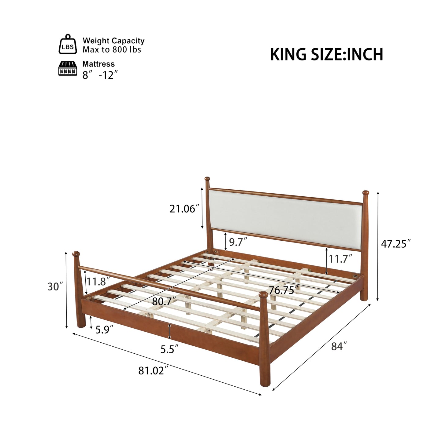 Merax Modern King Size Solid Wood Platform Bed with Upholstered Headboard, Mid-Century Low Bed Frame with Sturdy Wood Legs/No Box Spring Needed/Easy Assembly, Beige+Walnut