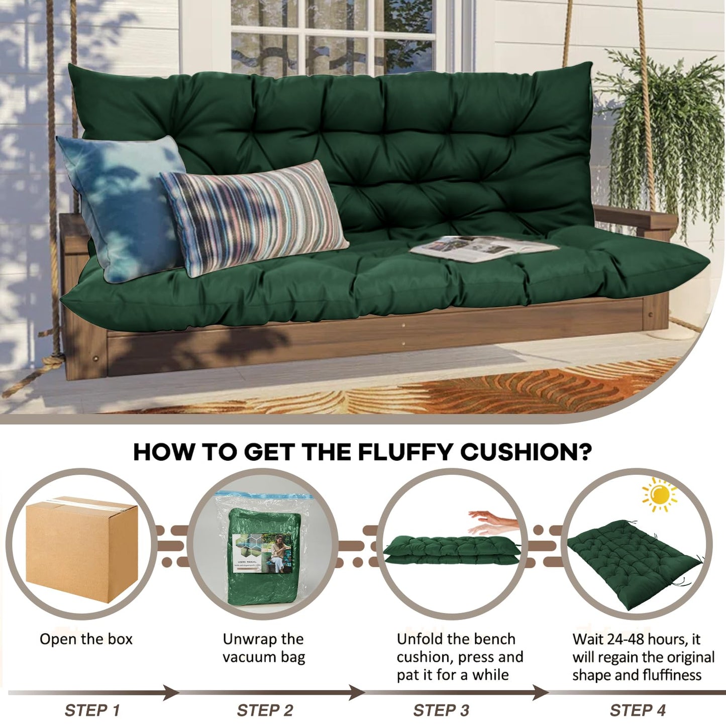 HIYEN Porch Swing Cushions 3 Seater Replacement, Waterproof Bench Cushions for Outdoor Furniture with Backrest, 4" Thickened Patio Swing Cushion with Ties (Dark Green, 60 * 40 inch)