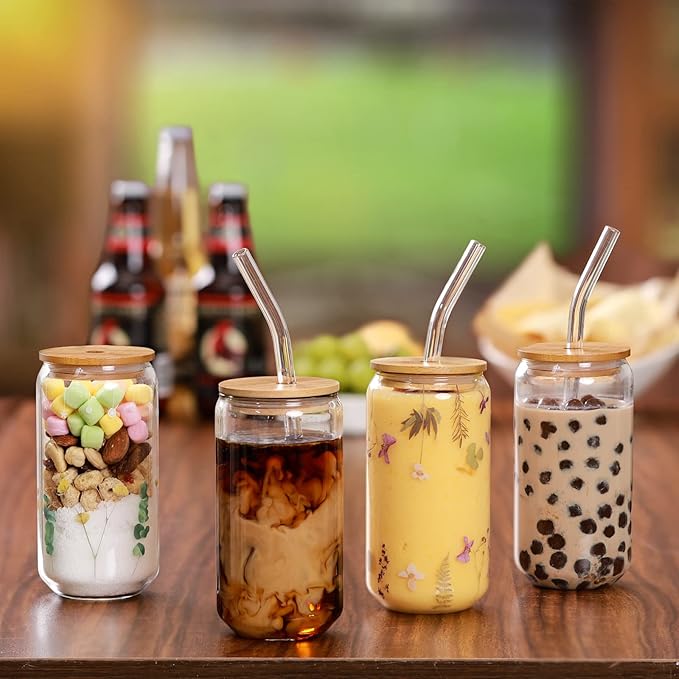 NETANY 1 Pack Glass Cups with Bamboo Lids and Straws 16 oz, Gifts for Women, Drinking glasses set, Iced Coffee, Tea Cup, Cute Aesthetics Tumbler Cup, Mothers Day, Birthday Gifts for Her Mom
