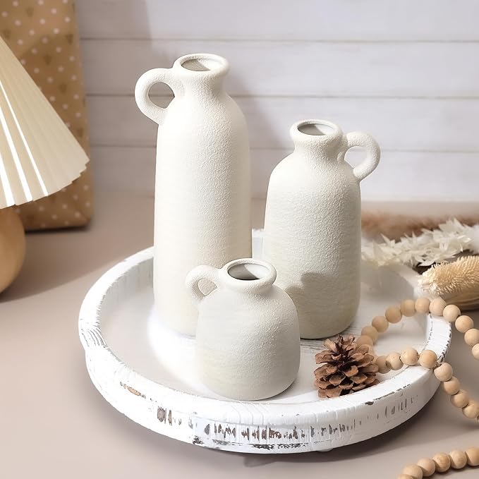 Ceramic Vase Set of 3 with Handle, White Modern Farmhouse Vases for Pampas Grass & Dried Flowers, Flower Vase for Table Living Room Home Decor