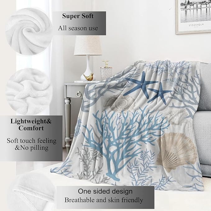 Nautical Coastal Blanket,Ocean Beach Seashell Starfish Throw Blankets,Gifts for Kids & Marine Life Lovers,Lightweight Soft Fleece,for Picnic Sofa Couch Bed Room Travel,Birthday Decor,50x60in