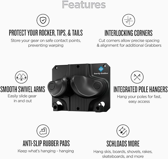 Ultimate Ski & Snowboard Wall Storage Rack - Fits any Ski or Snowboard - Save Your Rocker, Tips and Tails - Damage-free - 1x - Black