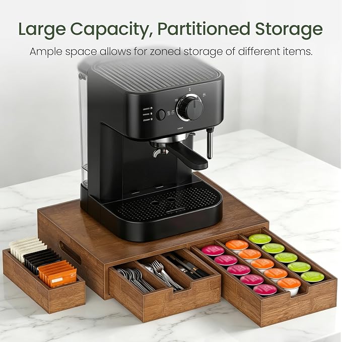 CHOEZON Coffee Pod Organizer, Storage Box with 2 Drawers, Coffee Station with Removable Dividers, Holder for K-Cup, Holds Pods, Syrup, Tea Bags for Living Room, Kitchen, Office, Mocha MCW31MA