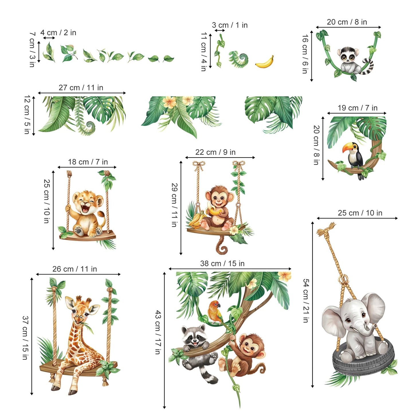 decalmile Jungle Animal on Swings Wall Stickers Safari Animal Elephant Giraffe Monkey Tropical Leaves Wall Decals Baby Nursery Kids Room Wall Decor