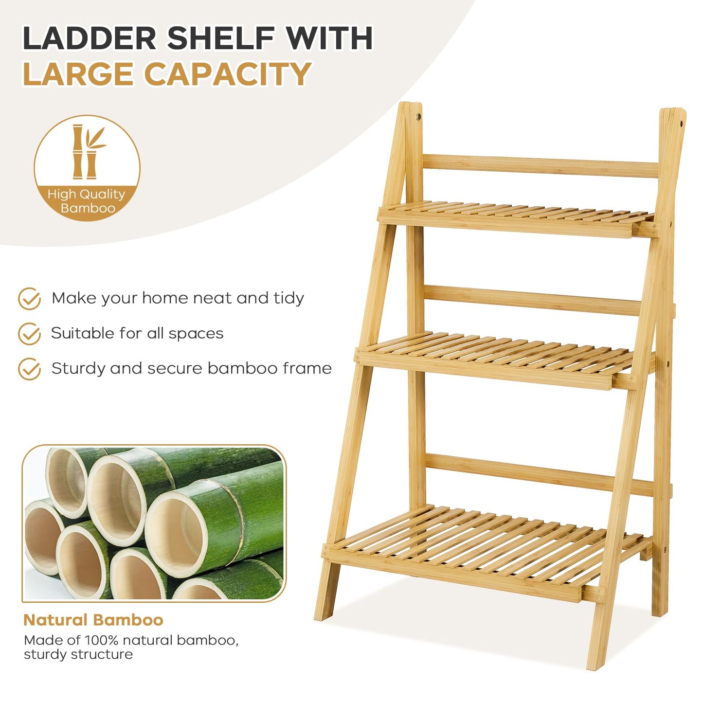 Foldable Ladder Shelf 39.4", Plant Shelf 3 Tier, Bamboo Ladder Flower Pot Display Shelf, Freestanding Ladder Bookshelf for Living Room, Balcony, Yard, Garden, 23.6"W x 15"D x 39.4"H, Natural