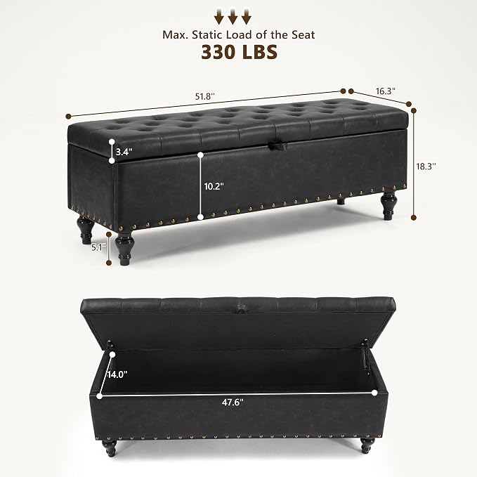 Mangodan 50" Storage Ottoman Bench, Tufted Ottoman with Storage for Living Room, Large End of Bed Ottomans, Modern Entryway Benchs, Window & Bedroom Benches for Foot of Bed (Black)