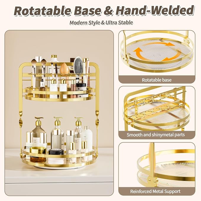 360° Rotating Makeup Organizer, 2-Tier Gold Perfume Organizer for Dresser, Bathroom Organizers Countertop, Perfume Shelf with Makeup Brush Holder, Skincare Holder Cosmetic Display(Gold)