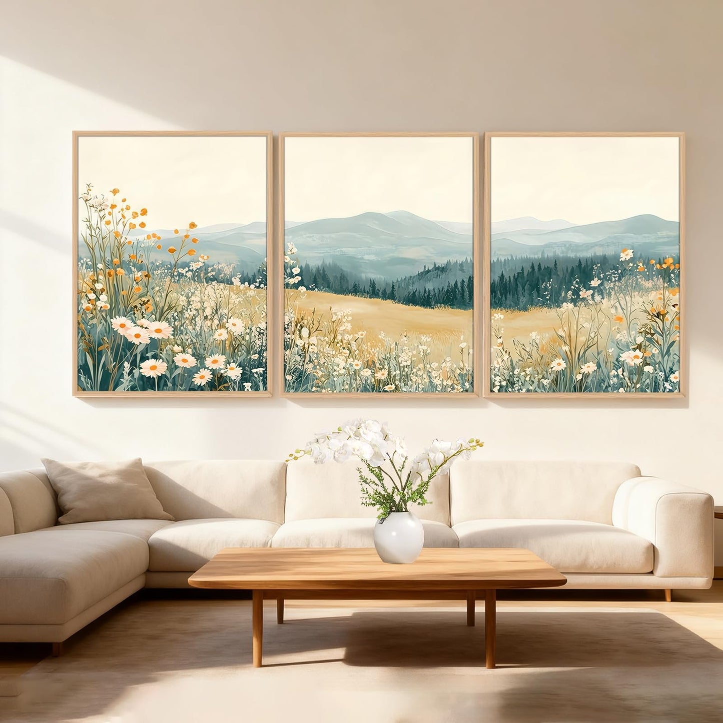 3 Pcs Framed Mountain Wildflower Wall Art Triptych Natural Landscape Canvas Prints Large Farmhouse Daisy Poster Botanical Picture Painting for Living Room Bedroom Decor 12x16IN