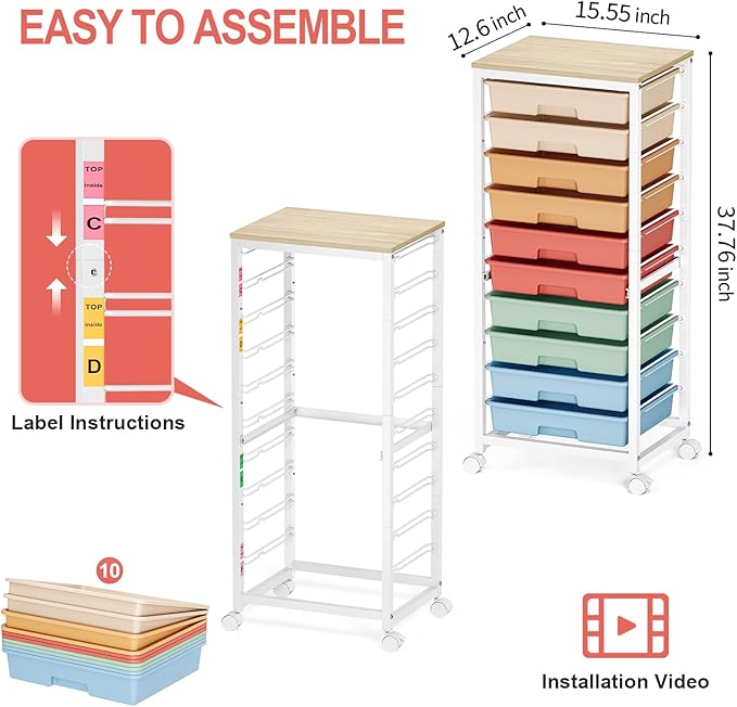 SYKIARIOL Rolling Cart with Drawers,10 Drawer Rolling Cart,Storage Cart with Wheels,Utility Cart with Drawers,Teacher Cart for Classroom Storage,Craft Cart with Wheels and Wooden Tabletop,Rainbow
