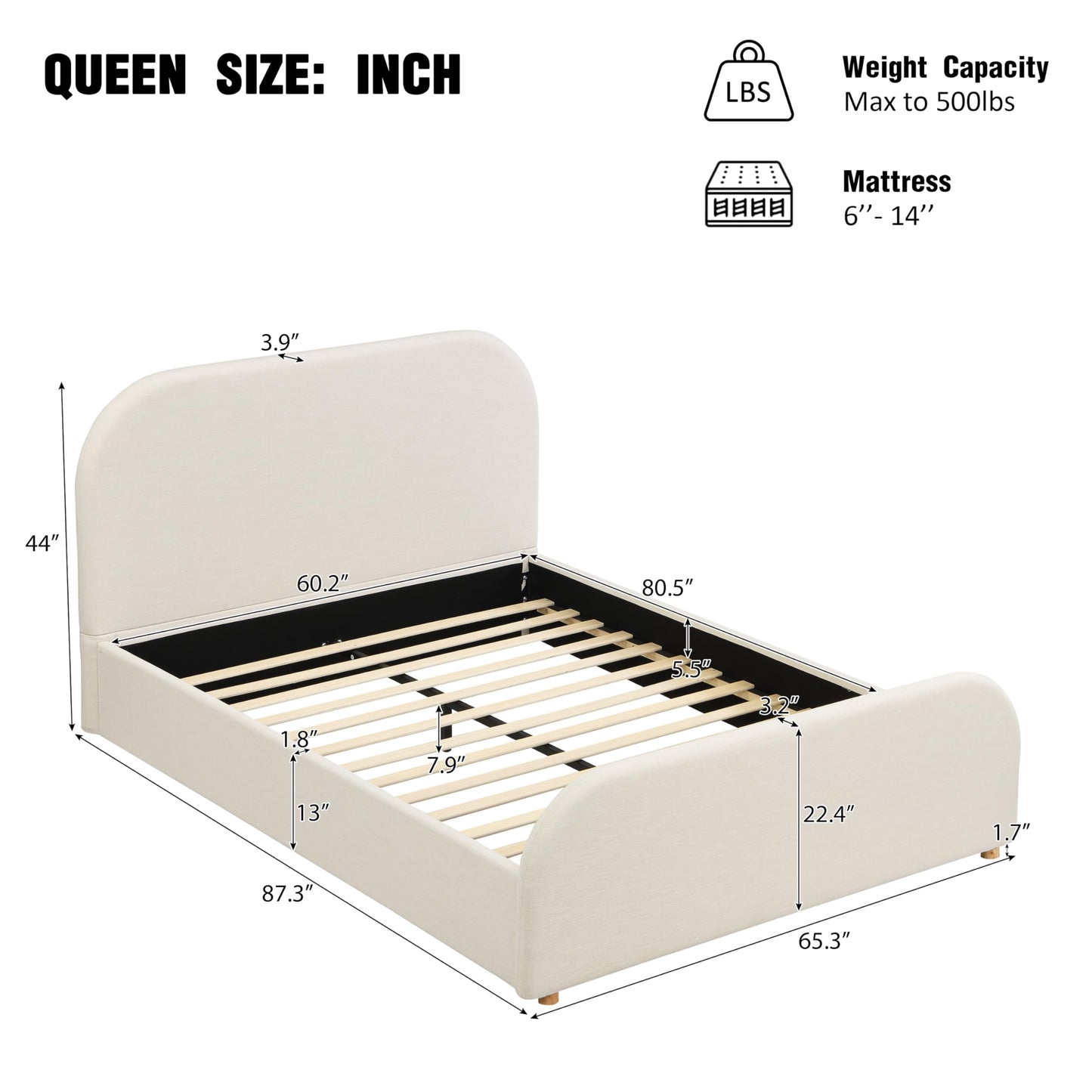 Christopher Knight Home Lanet Linen Upholstered Queen Size Bed Frame with Headboard, Modern Queen Bed Frame and Headboard, Wooden Slats Support, Easy Assembly, No Box Spring Needed, Beige