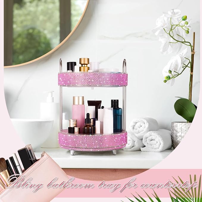 Honeydak 360 Rotating Perfume Organizer Gift for Women, Rhinestone Preppy Skincare Organizer Bathroom Counter Makeup Holder Skincare and Perfume Storage for Cosmetic(2 Tiers,Pearl,Pink)