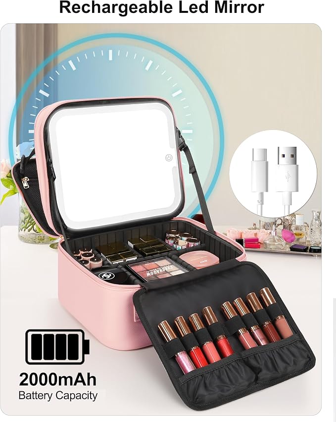 Relavel Makeup Bag with LED Mirror, Small Travel Makeup Case with Rechargeable Lighted Mirror 3 Color Lights, Double Layer Cosmetic Box Makeup Brush Lipstick Holder Organizer for Women, Pink