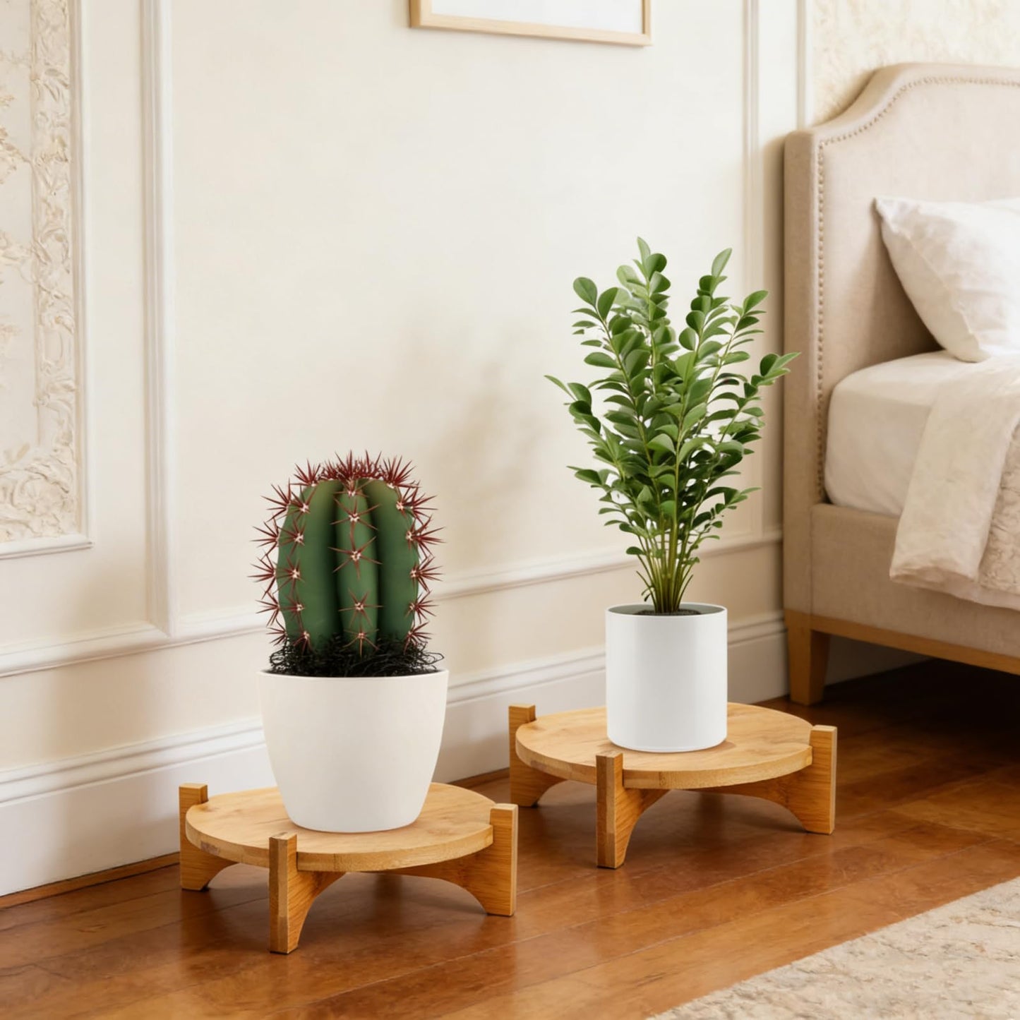 Pumtus 2 Pack Bamboo Plant Stand, Mid Century Modern Planter Stand, Detachable Flower Pot Holder, Sturdy Potted Plant Rack for Indoor Outdoor Garden Home, Fits Up to 8 Inch Planter (Pot Not Included)