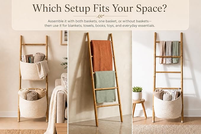 Bamboo Blanket Ladder with 2 Woven Storage Baskets, Handcrafted 55in Decorative Ladder for Blankets, Leaning Blanket Holder for Living Room, Towel Ladder for Bathroom & Quilt Display Rack