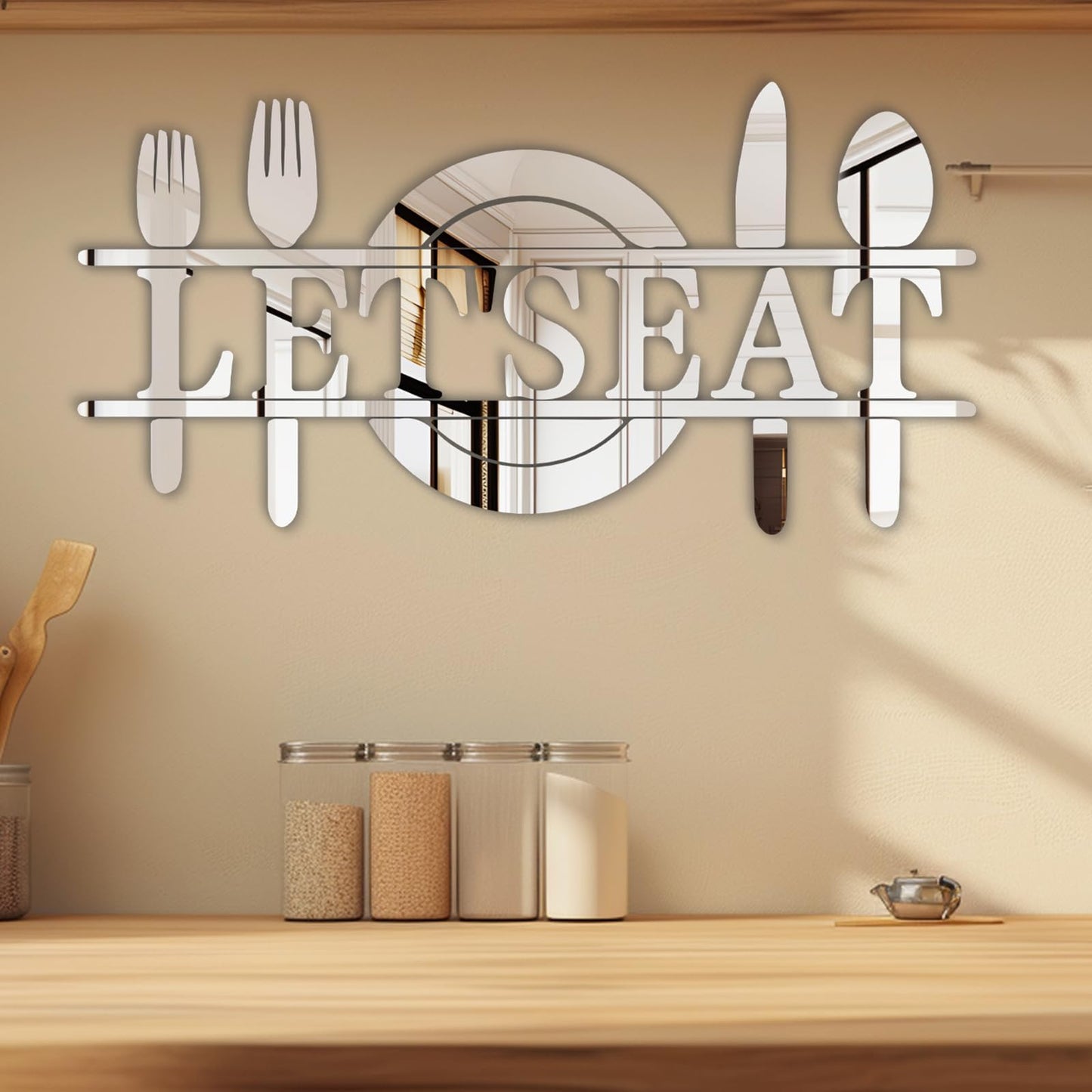 Doeean Let's Eat Wall Decor Letter Signs Acrylic Mirror Wall Decals Decorations Stickers for Kitchen or Dining Room (Silver 26.3 X 13.2)