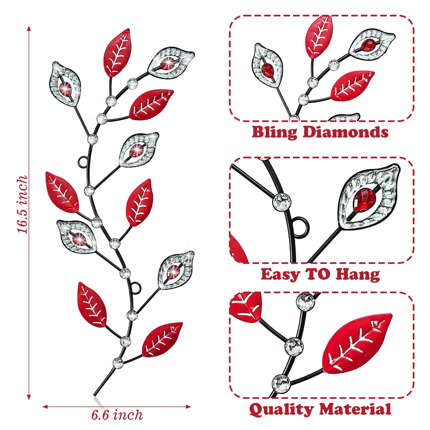 sxnzequnze 2 Sets Leaf Wall Art for Home Metal Bling Rhinestones Ready to Hang Tree Branch Leaves Olive Vine Wrought Iron Hanging Sculpture Pieces Wall Decor Pcs - 16.5in