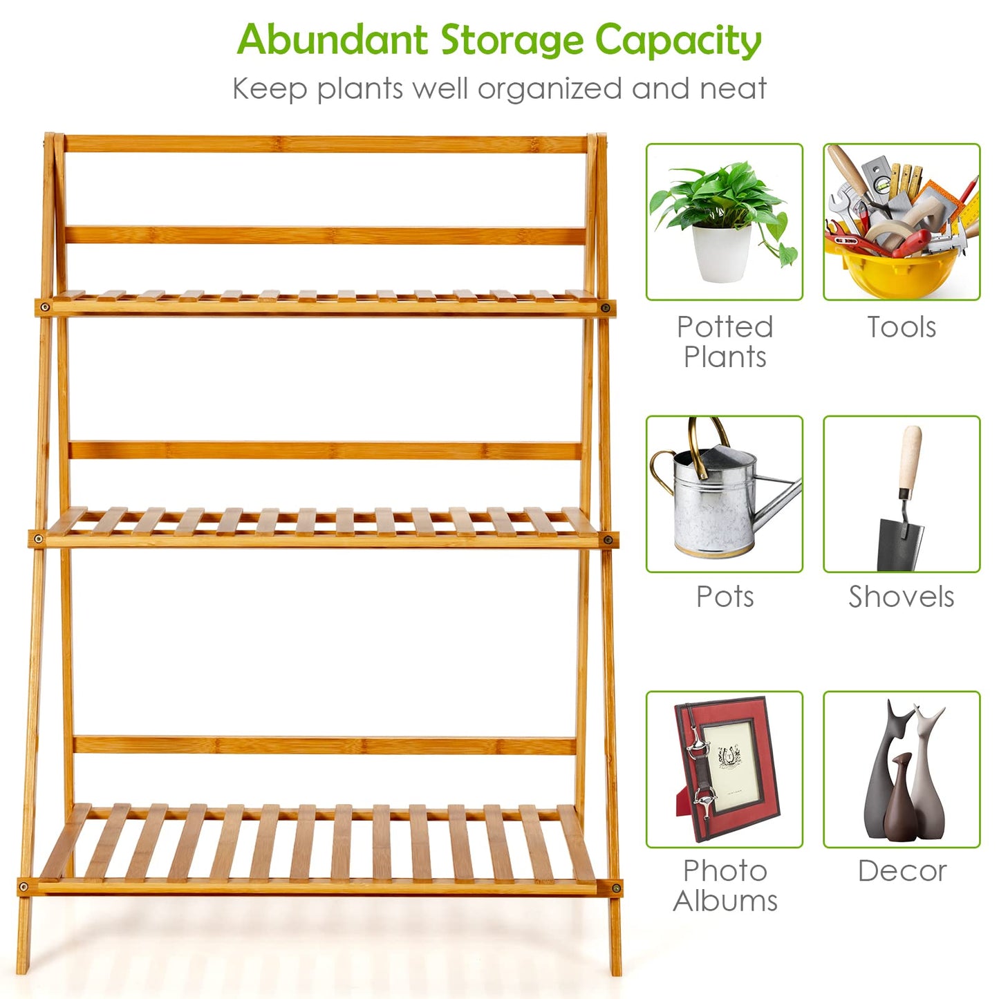 Giantex 3 Tier Folding Storage Shelf, Bamboo Ladder Plant Stand, Multiple Flower Pot Holder Succulent Display Rack, Foldable Shelving Unit for Balcony Garden Living Room Indoor Outdoor