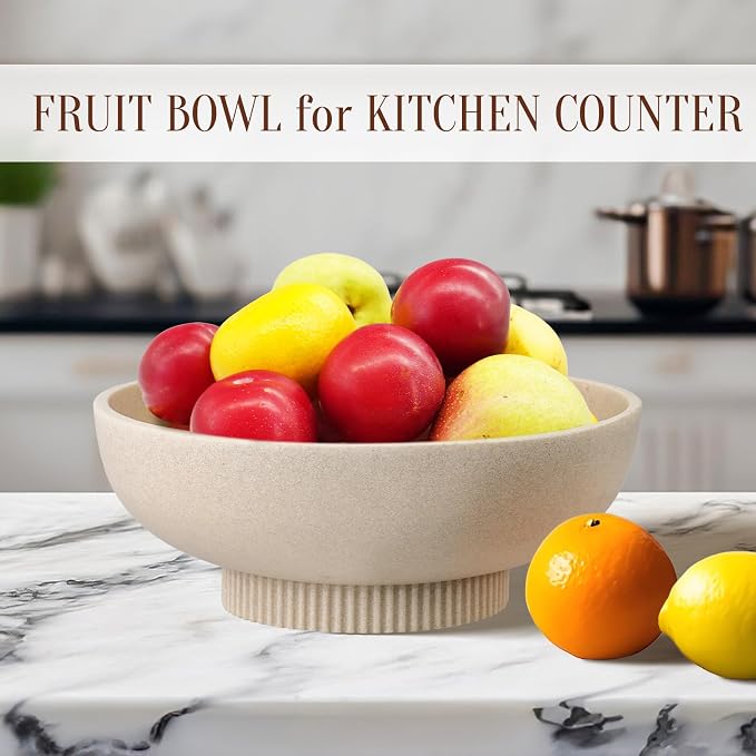Deobath Large Resin Pedestal Decorative Bowl - Modern Handicraft Bowls for Home Decor - Fruit Bowl for Kitchen Counter - Key Bowl for Entryway Table,Artificial Stone Beige