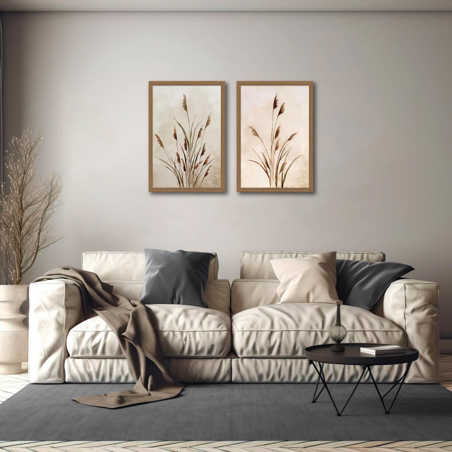 2pcs Framed Bohemian Reed Wall Art,Retro,Country-Style Natural Minimalist Botanical Canvas Painting Suitable For Living Rooms, Bedrooms, And 12 X 16In