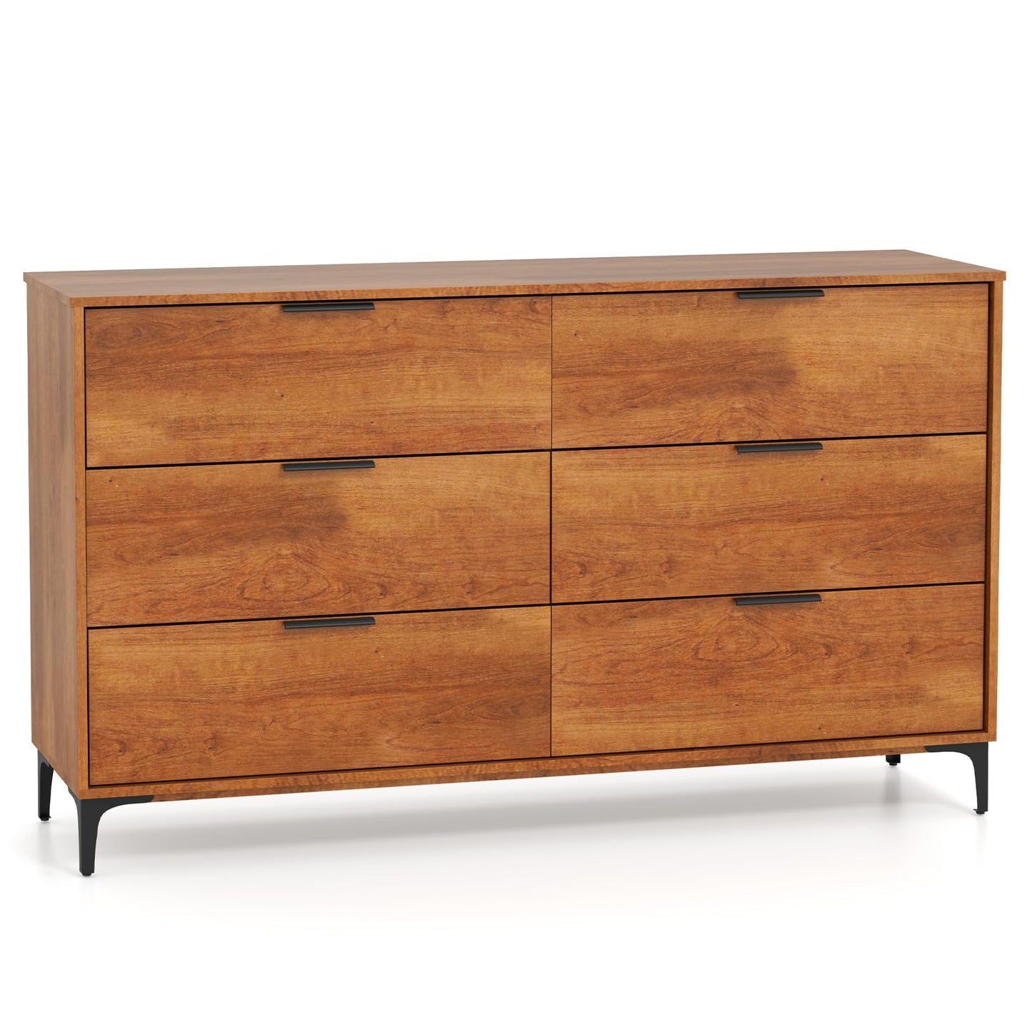 Giantex Wooden 6-Drawer Storage Cabinet w/Anti-Tip Kit & Sturdy Metal Legs, 59” Mid-Century Modern Storage Organizer for Hallway, Kitchen, Living Room, Entryway
