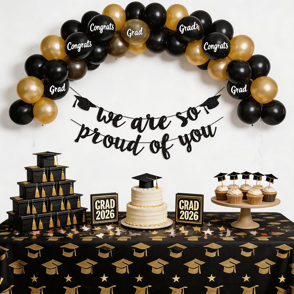 2026 Graduation Banners Party Decorations, Black Glitter We are So Proud of You Graduation Banners Garland for Congratulation Graduations Party Supplies, School, Home, Car Decorations