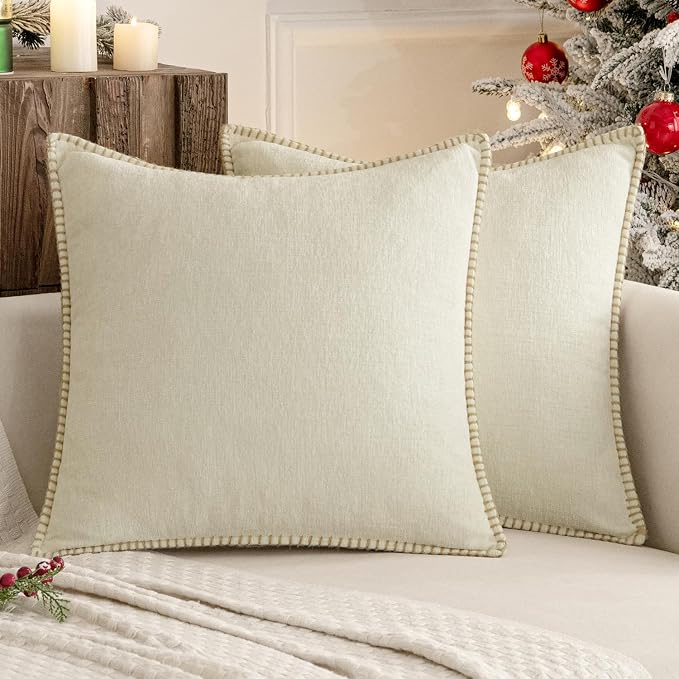 MIULEE Pack of 2 Pillow Covers 20x20 Inch Cream White Farmhouse Decorative Throw Pillow Covers with Stitched Edge Soft Chenille Solid Dyed Couch Pillow Covers for Sofa Bed Living Room