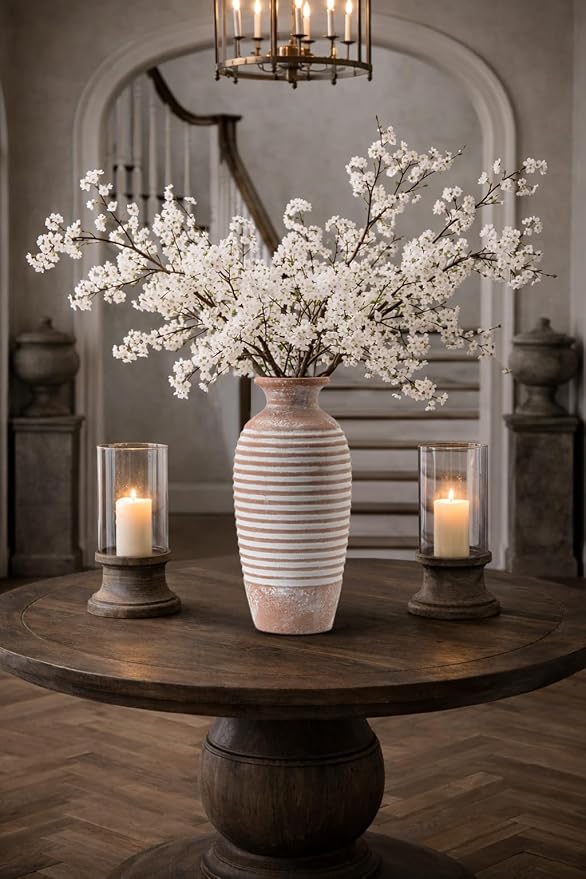 Emotionally Grounded Vase, Vaseking Large Ceramic Rustic Vase, 14.4 inch Minimalist Threaded Decorative Farmhouse Tall Vases for Home Decor, Living Room, Enterway, Table Decoration, Khaki