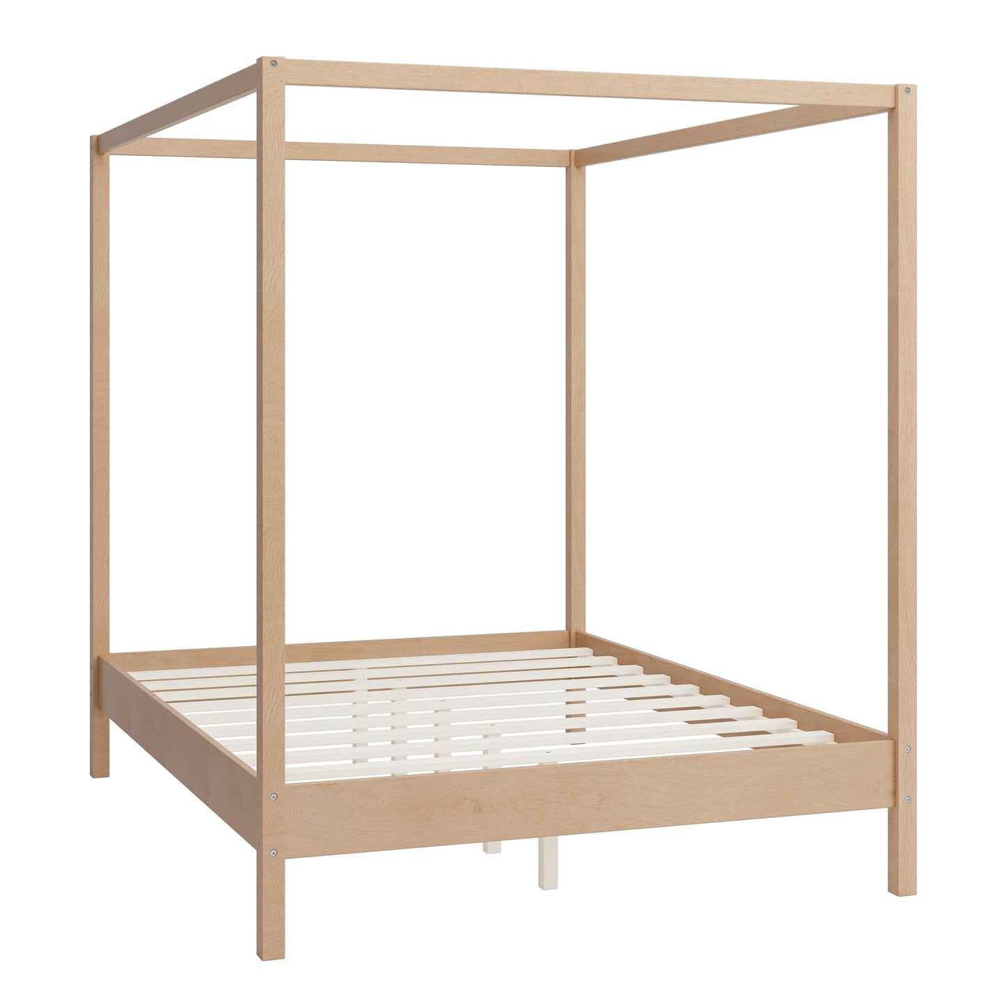 Merax Queen Size Canopy Bed with Four Posters, Wooden Platform Bed Frame & 8.3" Storage Space Under Bed, Solid Wood Slats Support, No Box Spring Needed, Easy Assembly, Natural