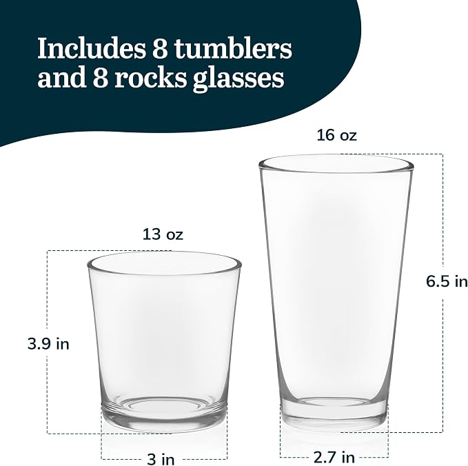 Libbey Preston Tumbler and Rocks Glass Cups Set, All Purpose Everyday Drinking Glasses Set of 16, Glassware Drinking Glasses for Birthdays, Dinners