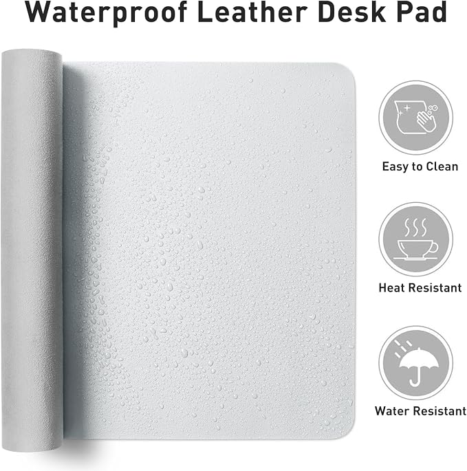 Aothia Faux Leather Desk Mat - Non-Slip PU Leather Desk Blotter, Waterproof Writing Surface, Large Desk Pad for Office & Home (Barely Grey, 55" x 17")