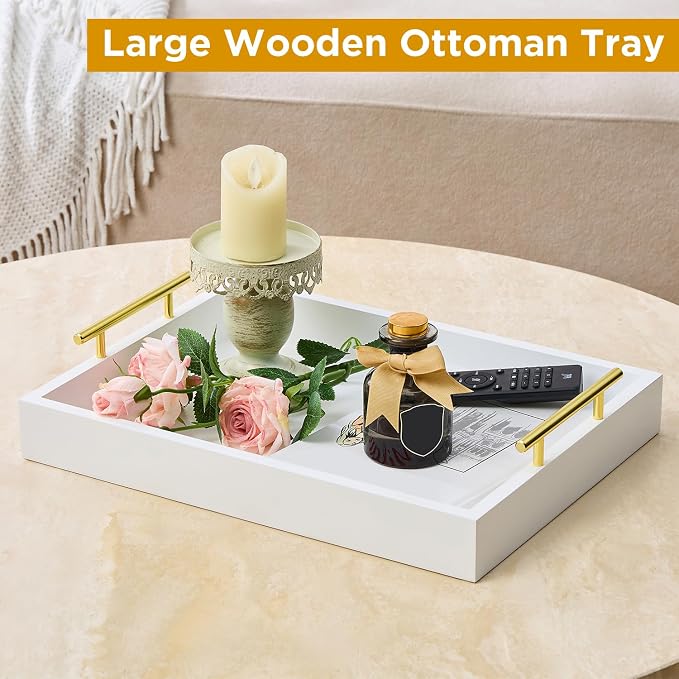 16"x12" Serving Trays with Handles, White Decorative Serving Tray, Ottoman Trays, Living Room, Bathroom, and Outdoors Decorative Trays (White)