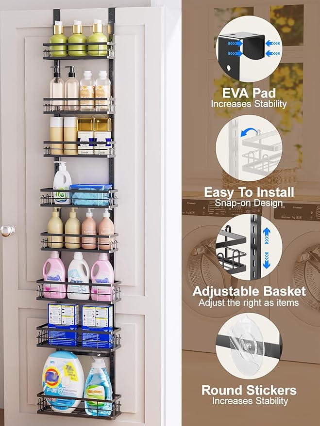 Delamu 9-Tier Over the Door Pantry Organizer, Adjustable Pantry Door Organizers and Storage, Metal Hanging Basket Wall Spice Rack Seasoning Organizer, Door Organizer Kitchen Bedroom Bathroom,12"Black