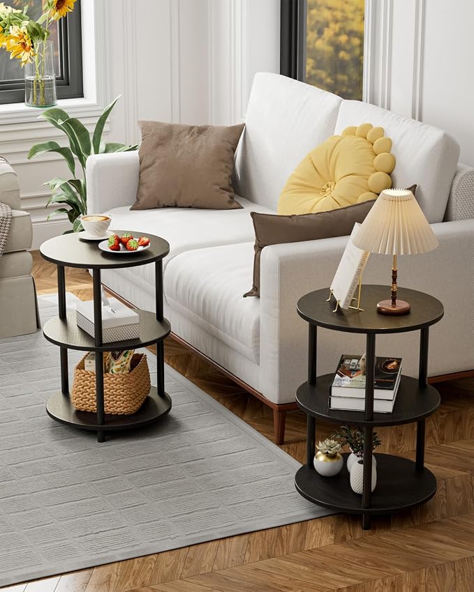 XBurmo Round Coffee Table for Living Room - Narrow Side or Bedside Stand, Industrial Vintage Nightstand for Bedroom, or Small Spaces, Charcoal Wenge