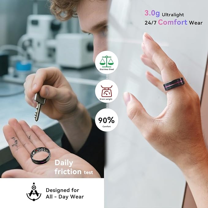 Smart Ring for Women Men,Health Fitness Tracker with Sleep/Blood Pressure/Oxygen Monitoring, Heart Rate & Activity Tracking,IP68 Waterproof, 7-Day Battery,No Subscription Fee 3-Black 12