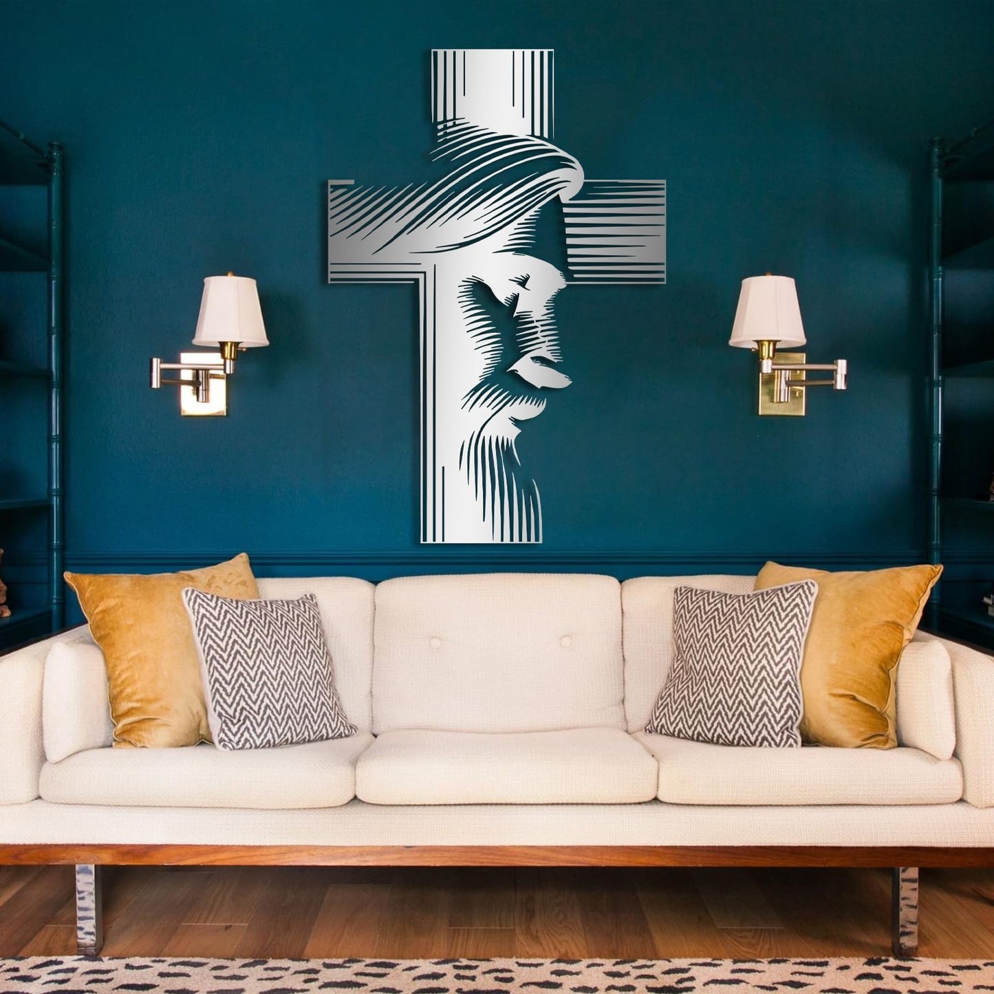 Metal Jesus Cross Wall Decor, Modern Christian Wall Art Sign, Black Metal Religious Hanging for Home Office Prayer Room, Framed Wall Decoration Ready to Hang (Gold, 35x24in|90x62cm)