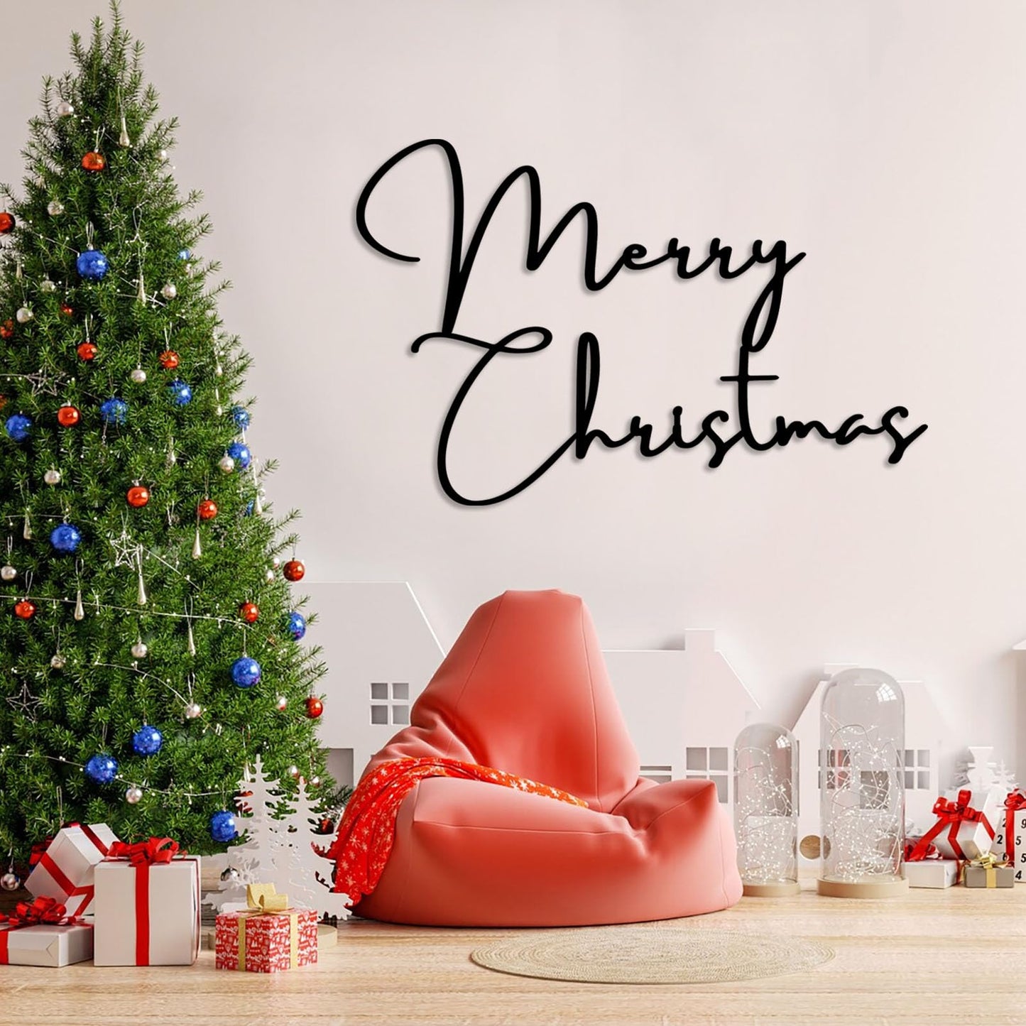 SZI Merry Christmas Metal Wall Art, Minimalist Christmas Wall Decor, Metal Christmas Sign for Living Room, Holiday Home Decor (Silver, 24"x15"|60x38cm)