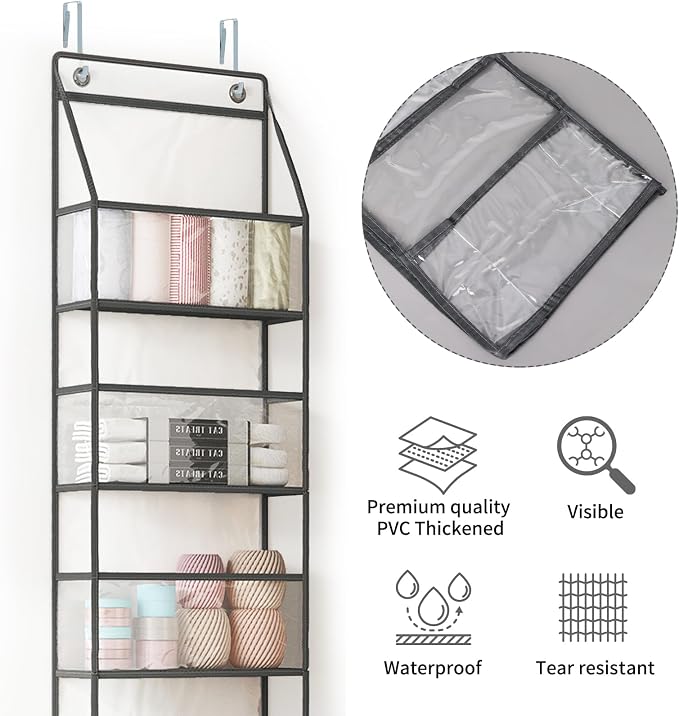 Fixwal Over The Door Hanging Pantry Organizer - 5-Shelf Room Storage With Clear Plastic Pockets for Behind The Door - Large Capacity for Closet, Bedroom, Bathroom (Grey)
