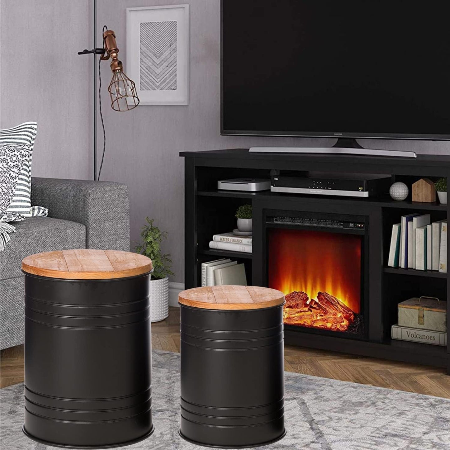 Glitzhome Nesting Tables for Living Room, Round Coffee Tables Set of 2, Metal Farmhouse Small Accent End Table with Storage and Lid for Bedroom Office Plant Stander, Black