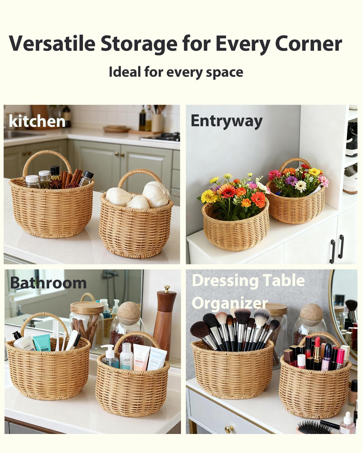 2 Pack Wall Hanging Rattan Baskets, Hand-Woven Storage Basket, Small Wall Hanging Baskets for Kitchen, Washable Decorative Basket, Potato Garlic Onion Storage Baskets