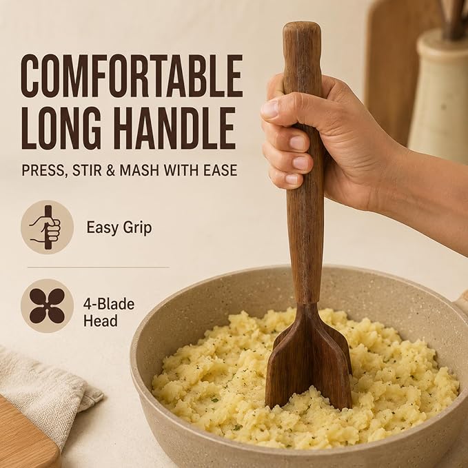 Teak Wooden Meat Chopper 3-Piece Set, Ground Beef Masher,Burger Crusher, Natural Non-Stick Durable Meat Hammer, Includes Wooden Scraper and Cleaning Brush