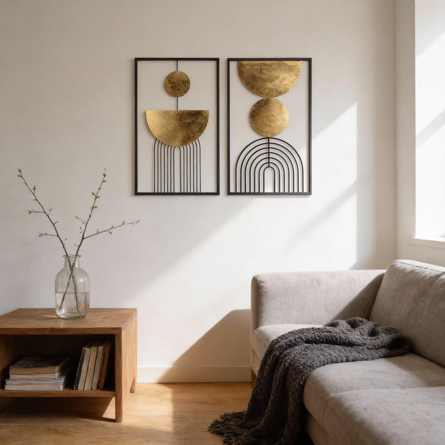 Abstract Geometric Wall Decor Set, Gold and Black Metal Wall Art with Circular and Linear Designs, 2 Piece Framed Modern Wall Sculpture