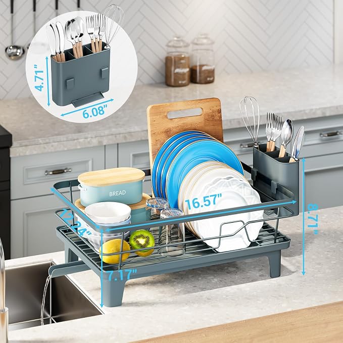 Urackify Dish Drying Rack for Kitchen Counter, Sink Dish Rack with Drainboard, Large Dish Drainer with Cups Holder, Home Countertop Plate Dryer Storage Rack with Cutlery Holder, Blue