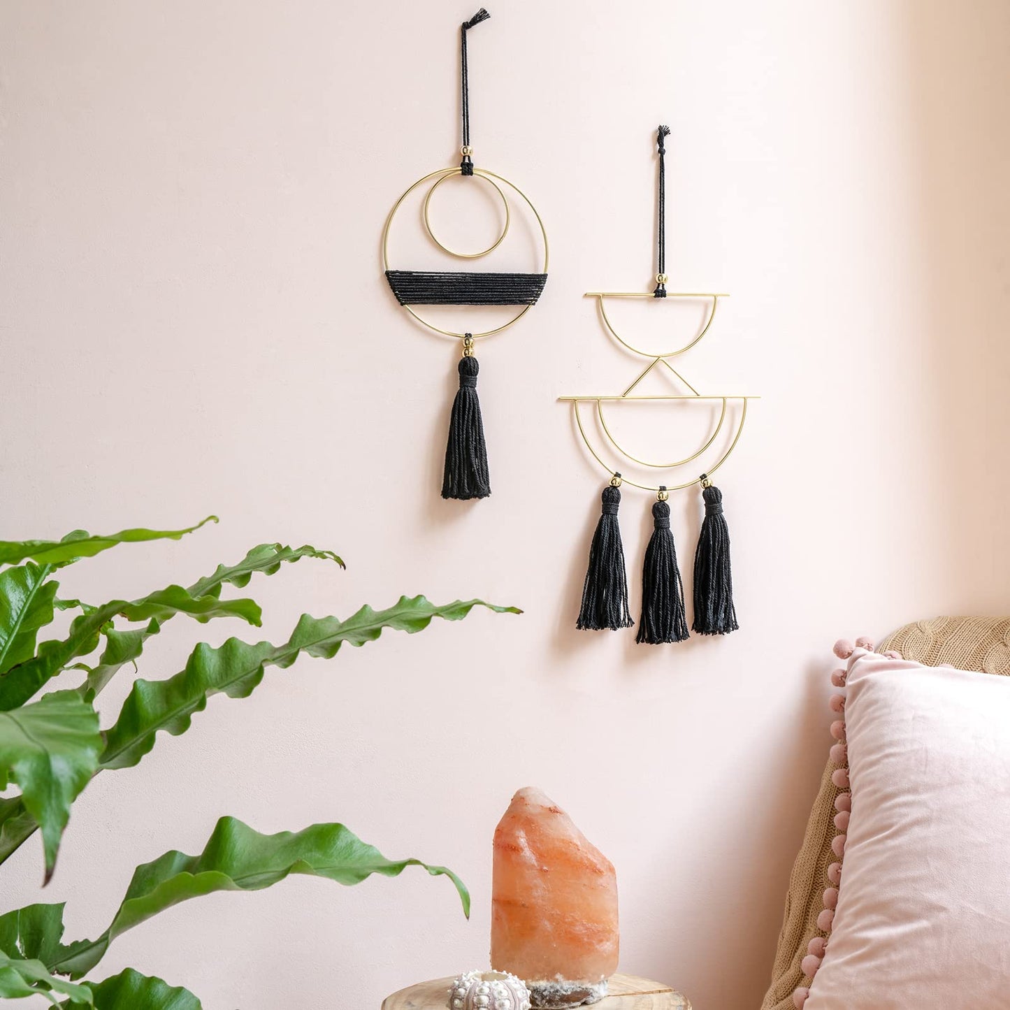 Mkono 2 Pcs Small Macrame Wall Hanging Boho Decor Cute Home Art Ornament with Gold Metal Ring for Bedroom Living Room Nursery Bathroom, 12.6''H x 7.6''W and 11.5''H x 5.9''W, X-Small