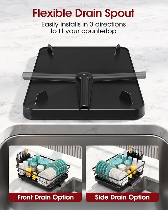 Sakugi Dish Drying Rack - Stainless Steel Dish Rack with Drainboard for Kitchen Counter and Sink, 15.6" D x 12" W x 5" H, Black
