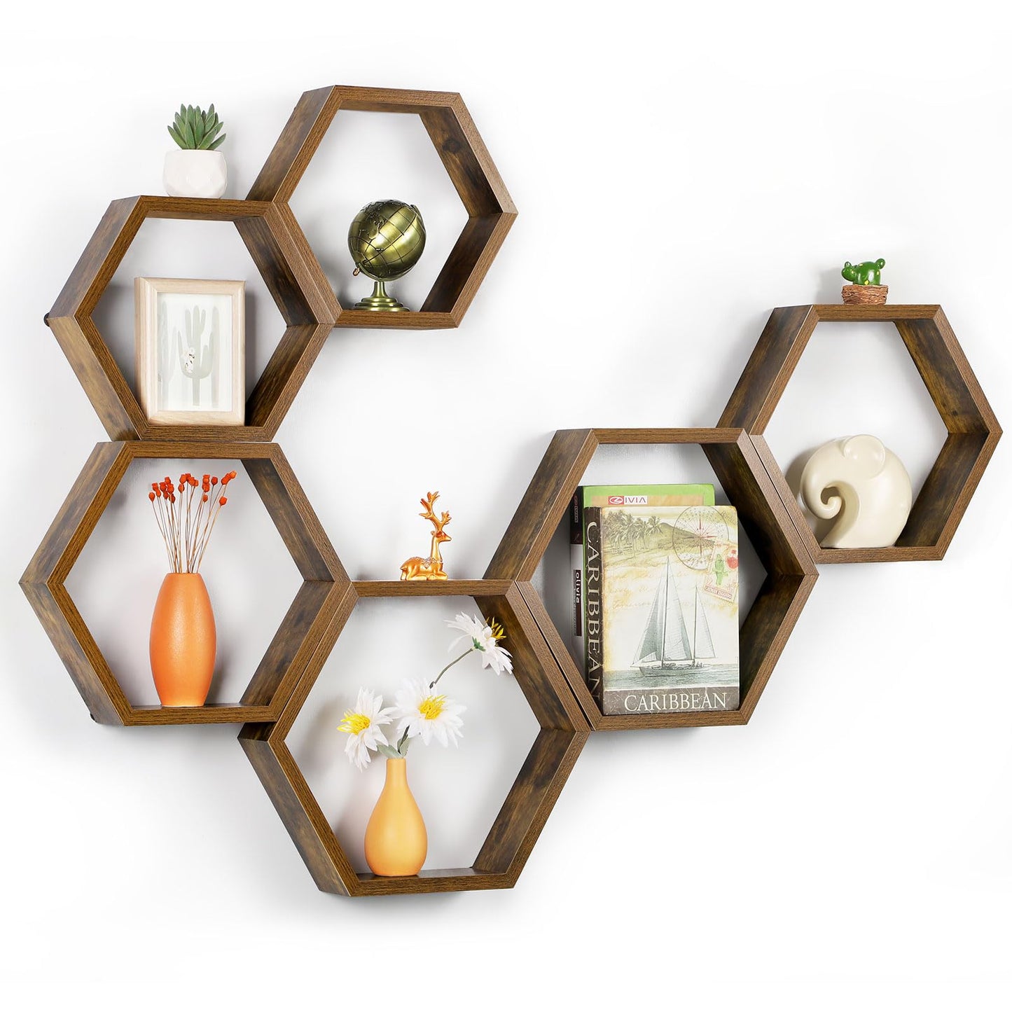 YBING Hexagon Shelves for Wall, Wood Honeycomb Floating Shelves Set of 6,Farmhouse Hexagonal Decorative Storage Shelf MDF for Living Room Bedroom Brown