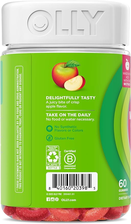 OLLY Metabolism Gummy Rings, Metabolism and Cellular Energy Chewable Supplement,* Apple Cider Vinegar, Vitamin B12, Chromium Picolinate, Apple Flavored, 60 Day Supply - 60 Count