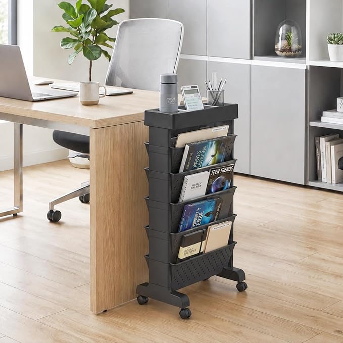 6-Tier Bookshelf, Book Storage Organization with Wheels Mobile Rolling Bookshelves Cart for Home Office Kids’ Study Room School, Black