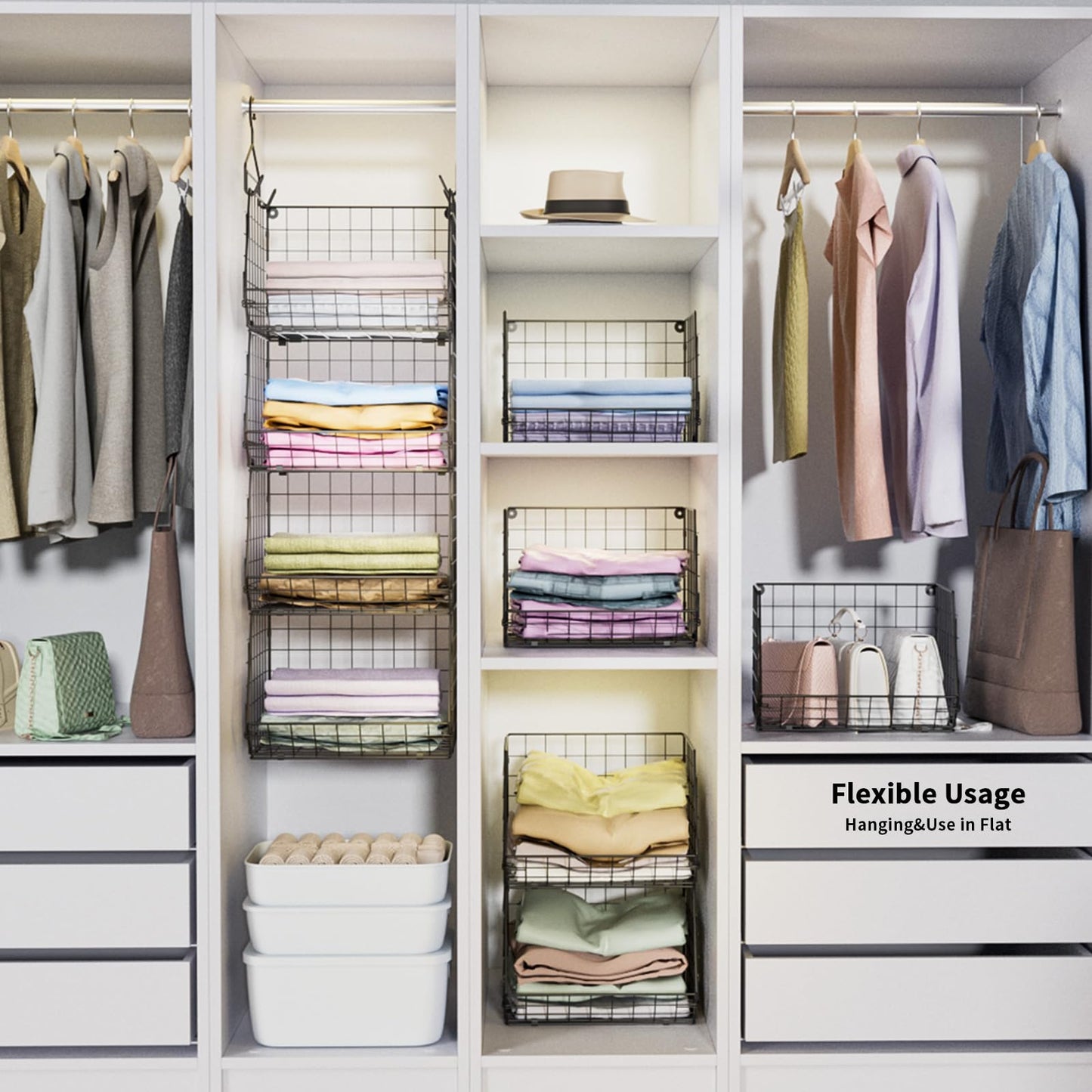 4 Tier Closet Hanging Organizer, Closet Organizers and Storage with 5 S Hooks, Closet Hanging Shelves & Freestanding Wire Storage Basket Bins, for Clothing Shoes Handbags Clutches Accessories Patent