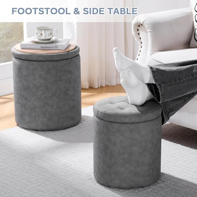 oakvivo 12.6" W x 14.17" H & 14.76" W x 17.32" H Storage Ottoman Foot Stool for Couch, Nesting Round Vanity Stools Padded Ottomen, Leather Set of 2 Footrest for Living Room,Grey