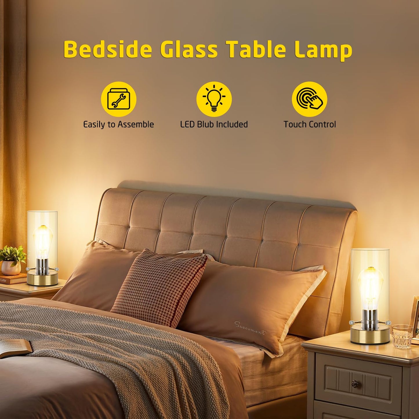 Kukobo Table Lamp for Bedroom Living Room, Bedside Modern Nightstand Lamp with Glass Lamp Shape, 2700K 6W Glass Bulb Included(Gold).